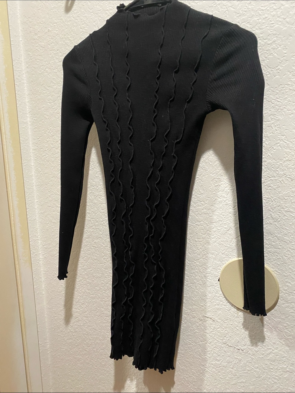 Zara Black Ribbed Long-Sleeve Ruffle-Detail Midi Dress